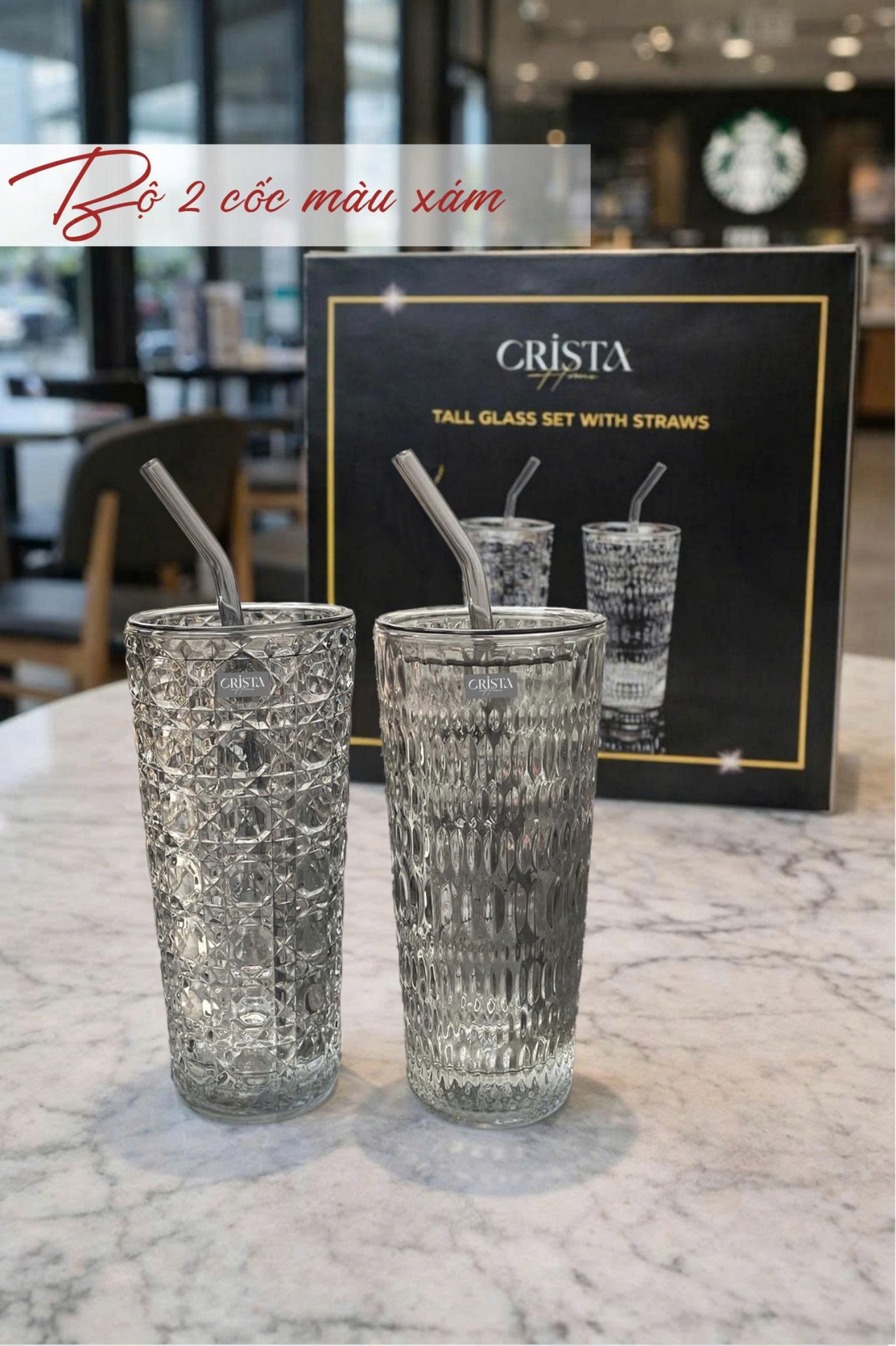 BỘ 2 CỐC THỦY TINH KÈM ỐNG HÚT - 5 Màu, 500ML CRISTA HOME