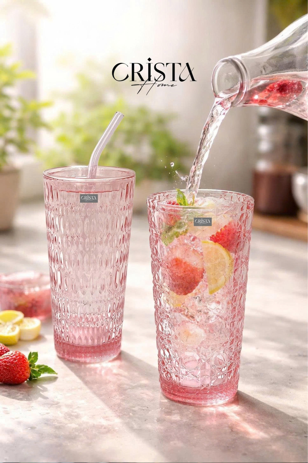 BỘ 2 CỐC THỦY TINH KÈM ỐNG HÚT - 5 Màu, 500ML CRISTA HOME