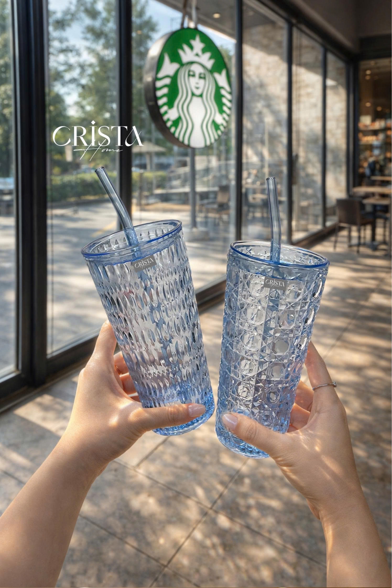 BỘ 2 CỐC THỦY TINH KÈM ỐNG HÚT - 5 Màu, 500ML CRISTA HOME