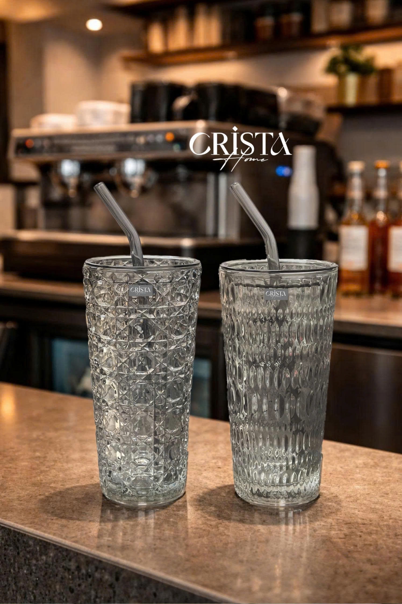 BỘ 2 CỐC THỦY TINH KÈM ỐNG HÚT - 5 Màu, 500ML CRISTA HOME