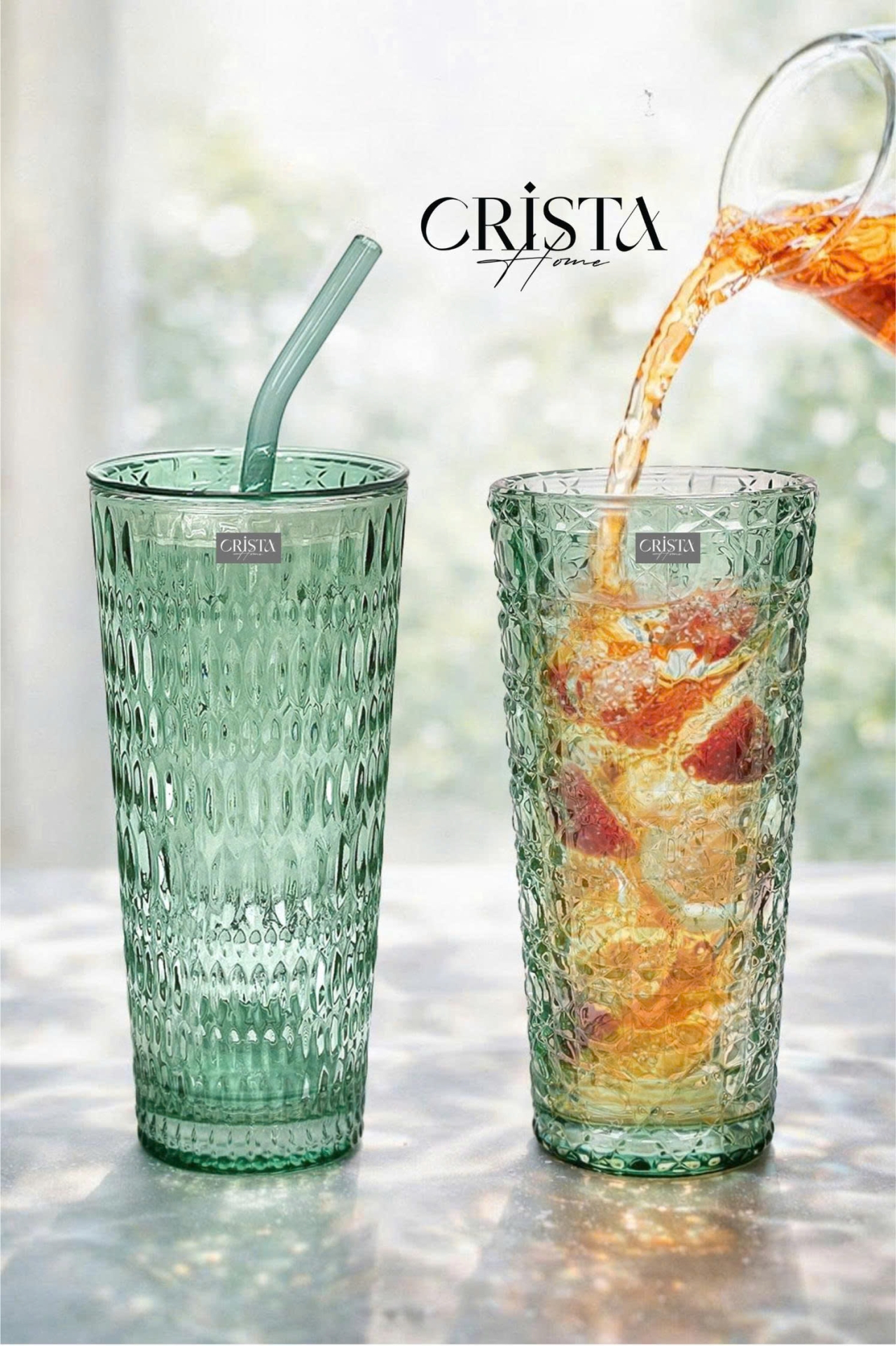 BỘ 2 CỐC THỦY TINH KÈM ỐNG HÚT - 5 Màu, 500ML CRISTA HOME