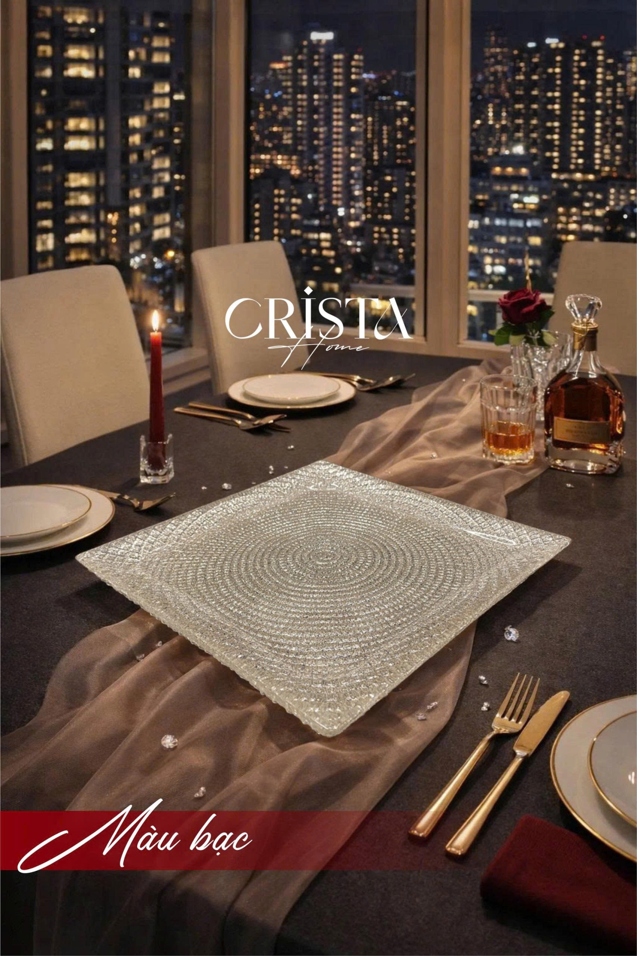 Bộ 2 Đĩa Thủy Tinh Vuông 24cm + 27.5cm - 5 màu