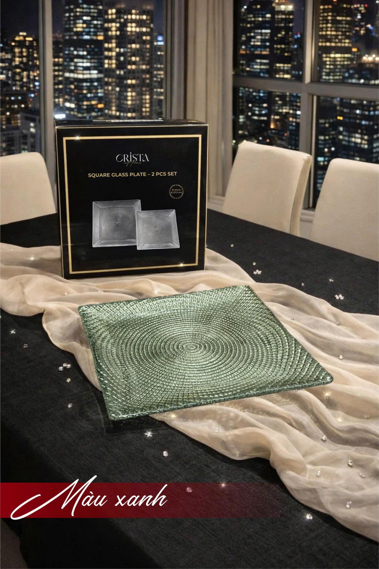 Bộ 2 Đĩa Thủy Tinh Vuông 24cm + 27.5cm - 5 màu