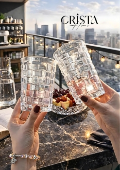 Bộ 6 Cốc Thủy Tinh Cao CRISTA HOME Màu Trắng Vân Caro 350ml