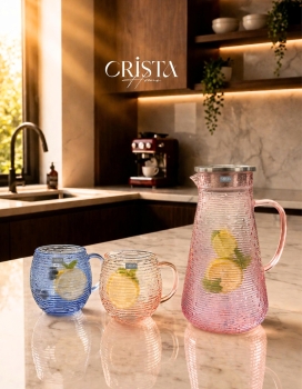 BỘ 6 CỐC DÁNG BẦU VÂN NGANG CÓ QUAI 350ML - 2 Màu CRISTA HOME