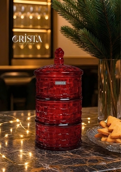 HŨ ĐỰNG MỨT THỦY TINH 3 TẦNG VÂN CARO - MÀU ĐỎ