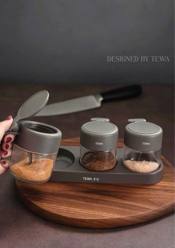 Bộ 3 hũ đựng gia vị kèm thìa màu xám
