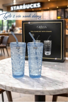 BỘ 2 CỐC THỦY TINH KÈM ỐNG HÚT - 5 Màu, 500ML CRISTA HOME